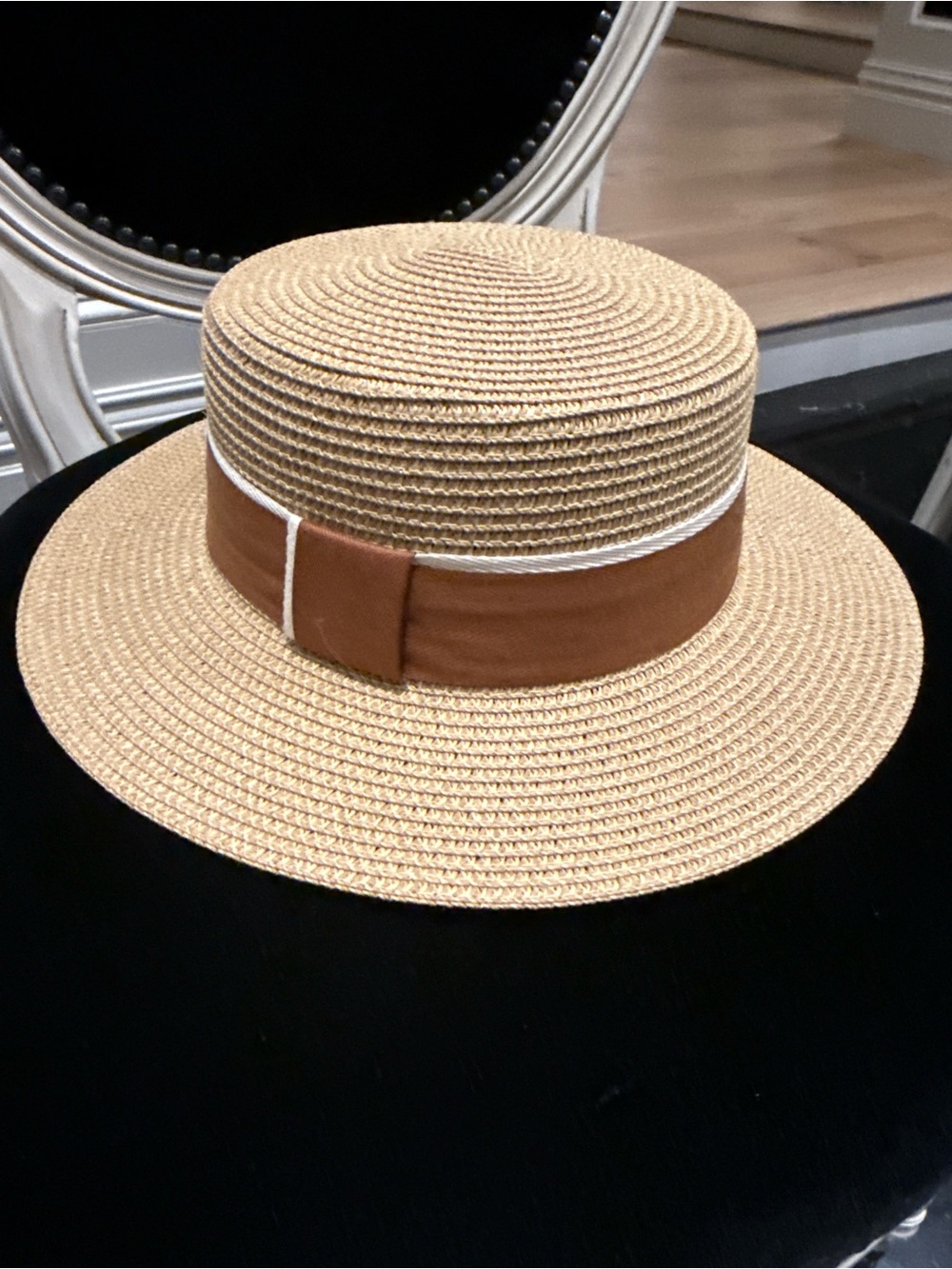 Women's Straw Boater Hat with Brown Band